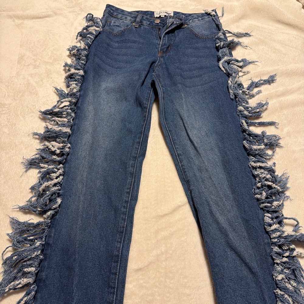 Fashion Nova Blue Denim Wide Leg Jeans with Side Fringe